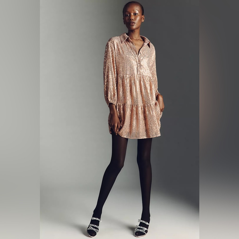 NWT! Anthropologie Maeve Bettina Sequined Tiered Mini Shirt Dress 🎆 - Picture 4 of 9